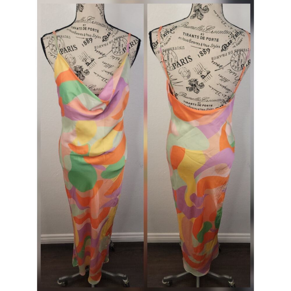 Peppermayo Slip Maxi Dress Sz 4 Dopamine Satin Multicolor Scoop Neck Euro Summer